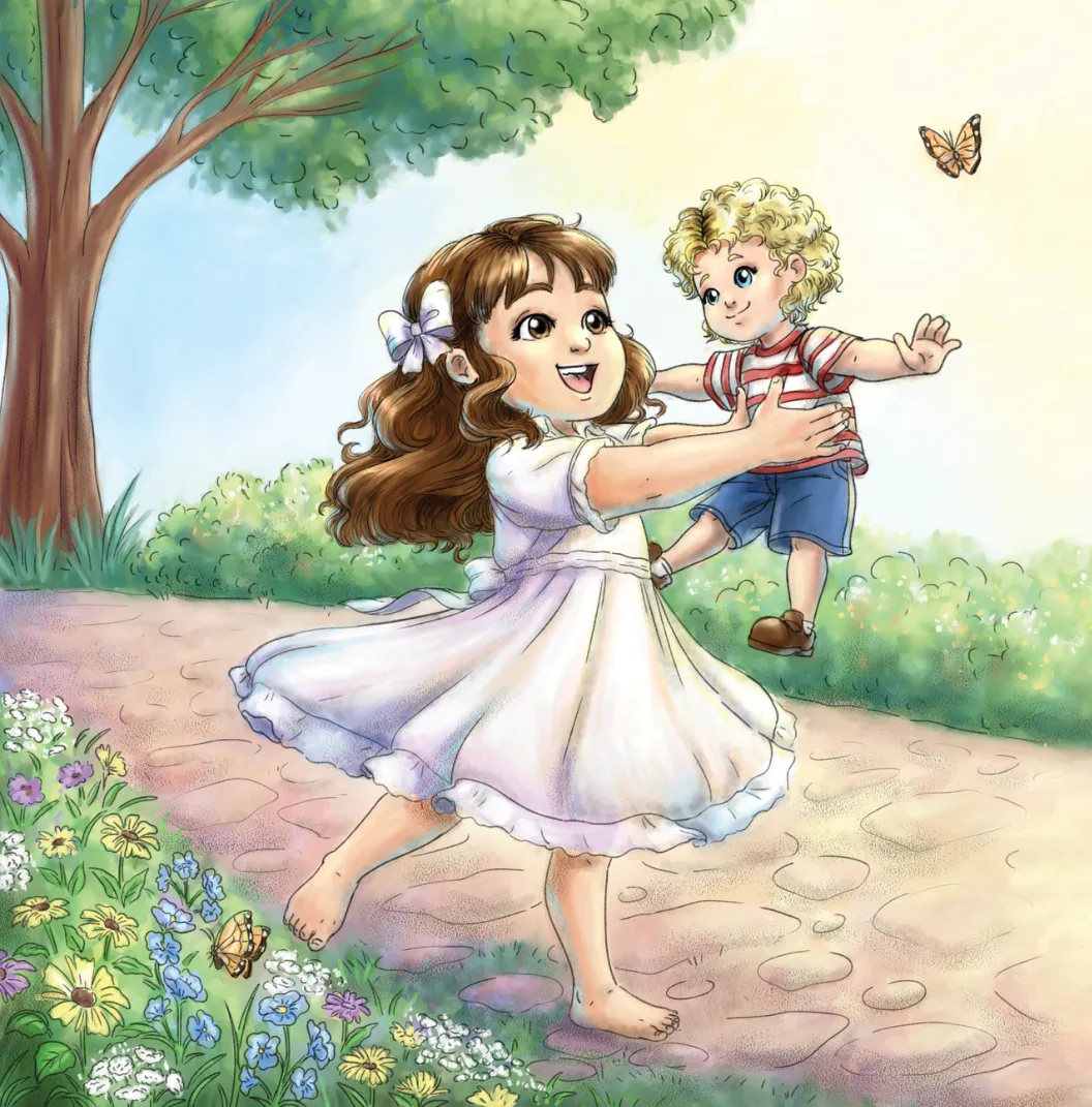 Rossella playing outdoors with her doll Stella