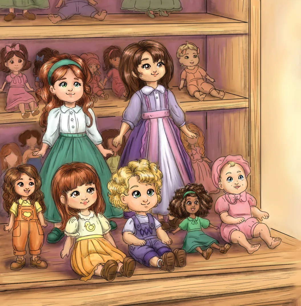 A shelf of colorful dolls in the toy shop